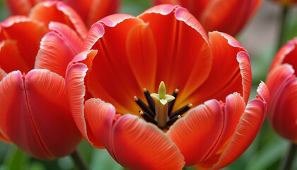 Bright red tulip bulb revealing golden core, vibrant nature essence