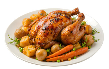 a white circular plate of a traditional roast chicken with roast potatoes, roast carrots, peas realistic food photography, isolated on a white background