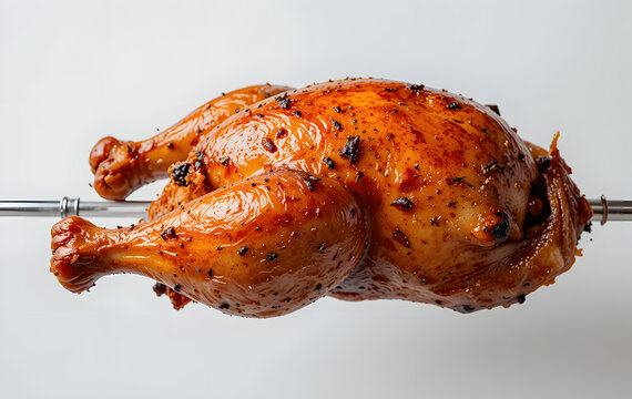 professional image showcasing a single roasted chicken, positioned horizontally on a large metal skewer, tightly secured and perfectly browned, reflecting the shine of the golden 
