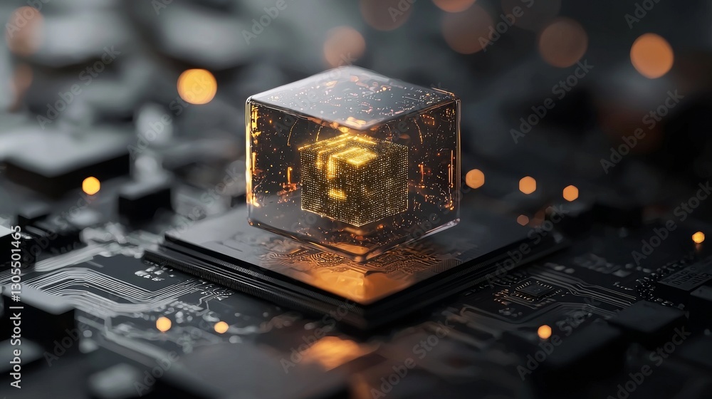 Poster a detailed depiction of a microchip at the center, surrounded by vibrant, glowing data streams that 