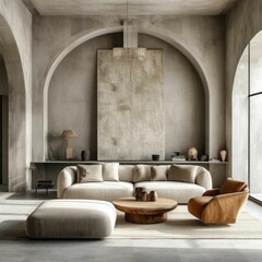 elegant modern furniture, geometric patterns on the walls, monochrome colors Generated AI