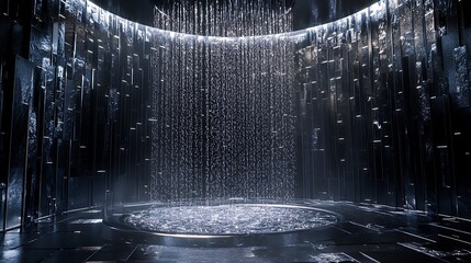 Modern indoor waterfall shower in spa setting with elegant lighting high resolution picture