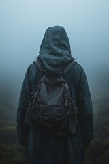 A person with a backpack standing in the fog