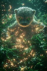 A small otter with green eyes sitting in the grass