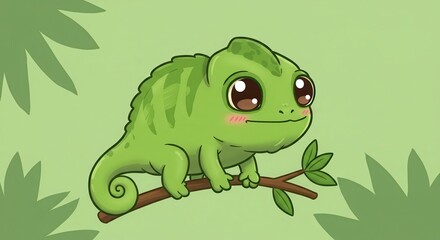 Fototapeta premium Cartoon Chameleon Sitting on a Branch with Green Leafy Background