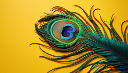 Obraz premium Vivid peacock feather with glowing eye on saffron backdrop, Diwali symbolism