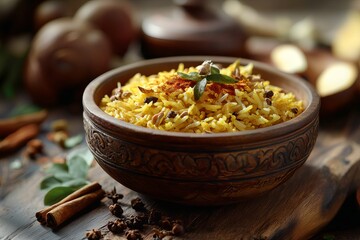 Delicious Golden Turmeric Rice Aromatic Spices Wooden Bowl Indian Cuisine Food Photography Restaurant Menu Recipe Dish  Culinary Art Healthy Eating   