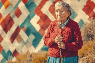 Obraz premium An elderly woman with a walking stick stands before a vibrant geometric backdrop, contemplating the scene.
