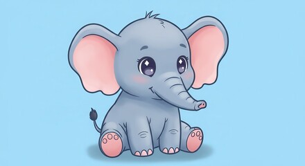 Fototapeta premium Cartoon Elephant Sitting with Big Eyes and Pink Ears on Blue Background