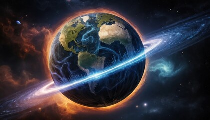 Obraz premium Abstract Artistic Visualization of Earth with Glowing Rings and Nebulae