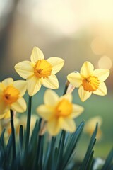 Fototapeta premium Beautiful yellow narcissus flowers blooming in spring sunlight 