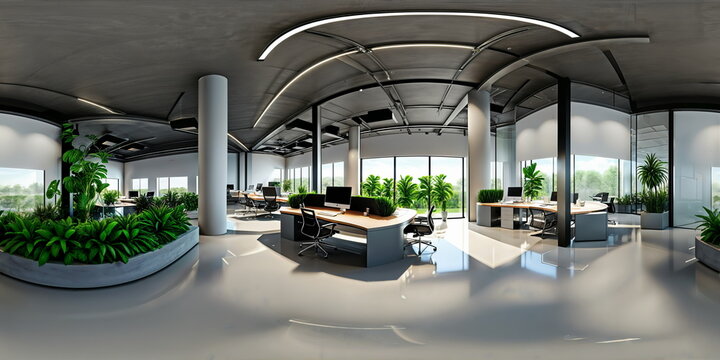 Full 360 degrees seamless spherical panorama HDRI equirectangular projection of geen eco open office interior. Texture environment map for lighting and reflection source rendering 3d scenes.