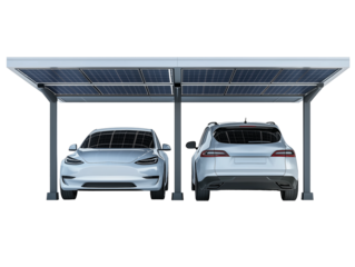 This modern solar carport showcases two electric vehicles parked side by side beneath solar panels, promoting eco-friendly energy use and electric transportation.