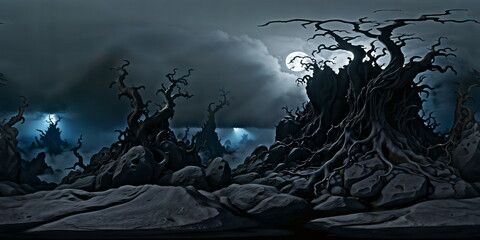 Full 360 degrees seamless spherical panorama HDRI equirectangular projection of Dark forest with twisted, barren trees. Texture environment map for lighting and reflection source rendering 3d scenes.