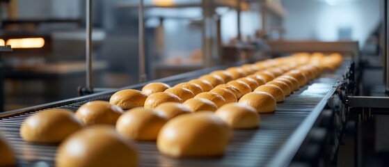 Golden buns on a conveyor belt gleam under soft lighting, suggesting an early morning bakery in full swing.