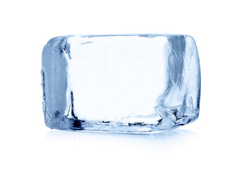 One cube of clear ice isolated on white