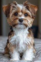 A small brown and white dog sitting on top of a bed