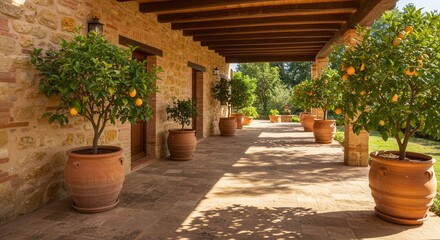 Fototapeta premium Citrus Trees in Pots Lining Stone Building with Shaded Pathway