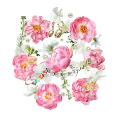 Shiny bijouterie and beautiful flowers air on white background