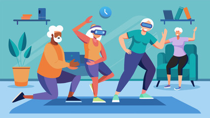 Fototapeta premium Virtual reality exercise classes specifically designed for seniors with animated virtual coaches guiding them through lowimpact workouts.. Vector illustration