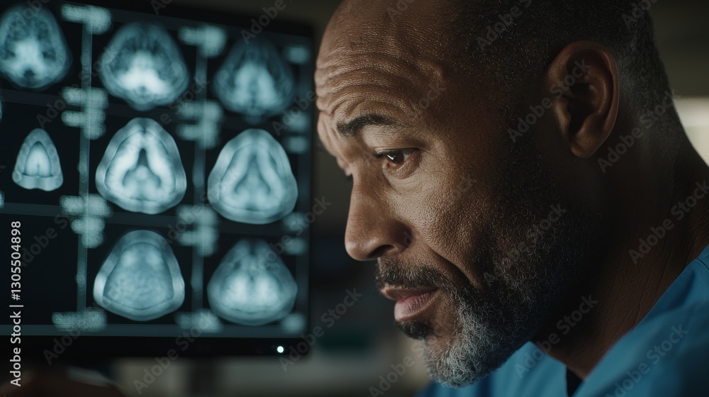 Poster neurologists and medical scientists work on a personal computer in a modern lab setting, driving inn