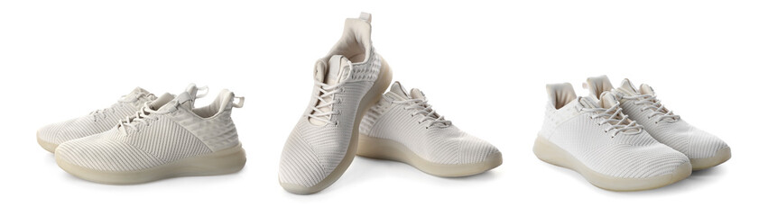 Stylish sneakers on white background, collage. Sportive shoes