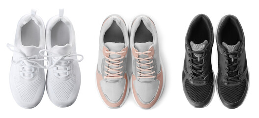 Different stylish sneakers on white background, set. Top view