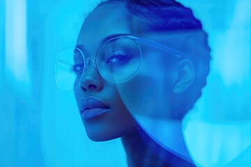 A young woman with glasses, illuminated by blue light, creating a striking portrait.