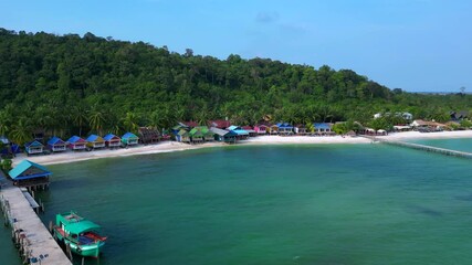 Koh Rong Island, Cambodia, fishing village. Perfect aerial view flight drone