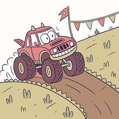 A bold and dynamic cartoon monster truck vector artwork with oversized wheels and a powerful design, perfect for posters, t-shirts, stickers, and digital projects.