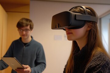 Young woman wearing a VR headset, a man holds a tablet nearby, exploring virtual reality.