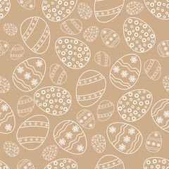 Seamless vector Easter pattern of white line art eggs with polka dots, stripes, wavy lines, and floral design patterns on a soft beige background. Gift wraps, digital wallpapers, fabric prints. EPS10