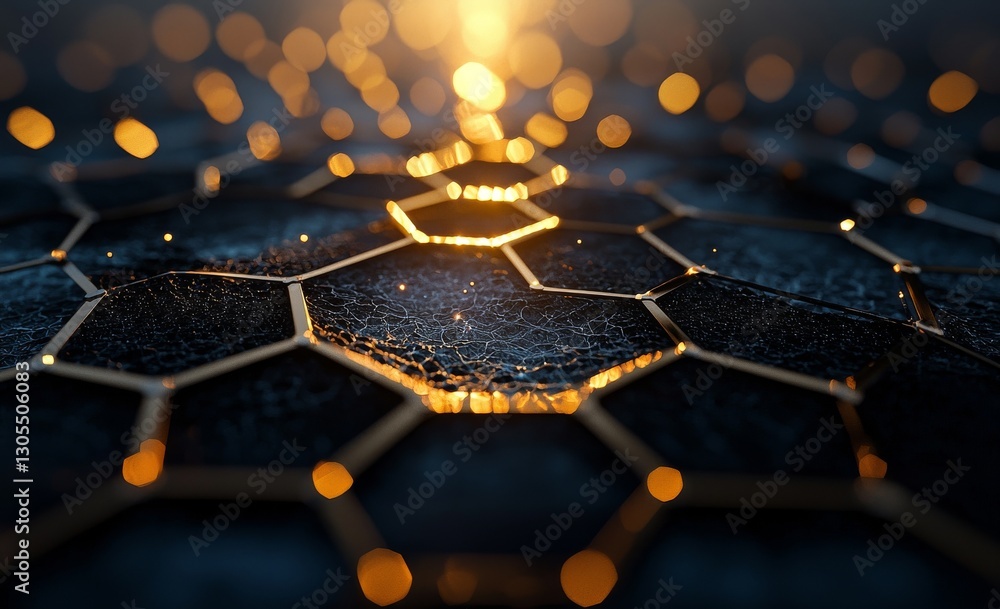 Poster the concept of quantum computing is depicted through glowing hexagons in an abstract 3d technologica