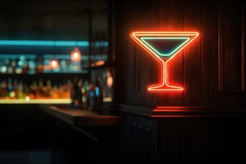 Neon martini glass sign on dark wood wall, dimly lit bar in background.