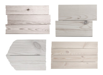 Wooden boards with space for design on white background, set