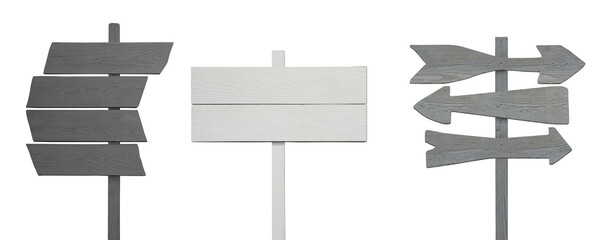 Wooden poles with boards on white background, set