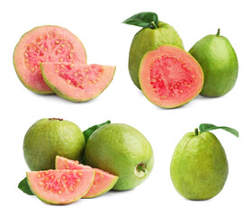 Tasty fresh guava fruits on white background, collage