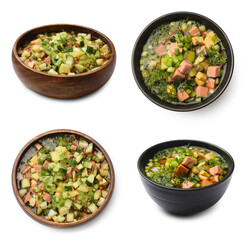 Delicious okroshka soup with kvass on white background, collage