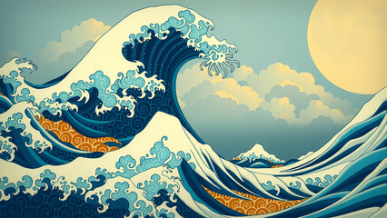 great wave ocean japanese art illustration wallpaper