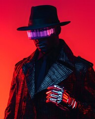 Cyberpunk noir detective wearing futuristic visor and robotic hand. Generative ai illustrations