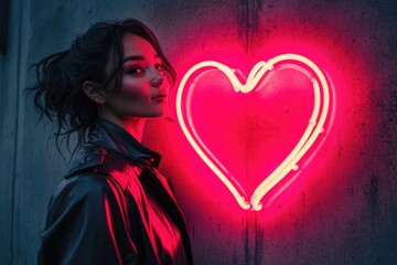 A woman in a leather jacket stands beside a glowing neon heart, exuding urban romance and style.