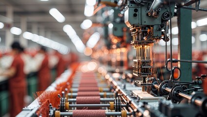 Industrial textile production line with machinery and workers in a factory setting during daytime