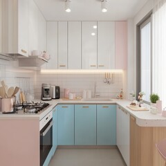 A clean modern kitchen design featuring pastel color schemes