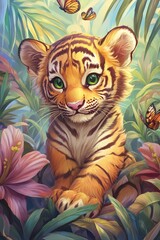 A painting of a baby tiger cub in the jungle surrounded by flowers and butterflies