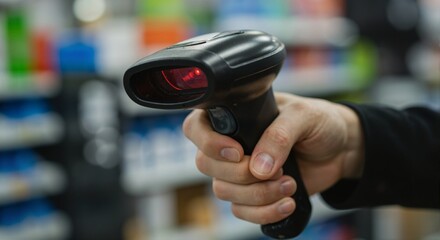 A hand holding a barcode reader