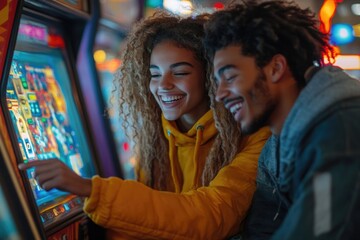 Fototapeta premium Happy couple enjoying a fun night out playing arcade games together.