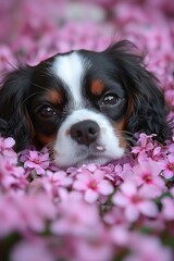 A dog laying in a field of pink flowers