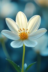 A single white flower with a yellow center on a blue background