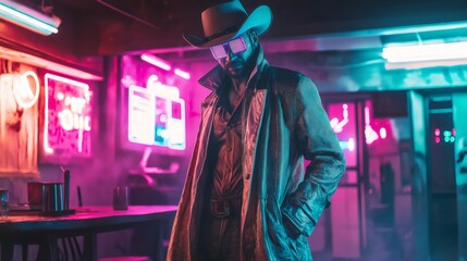 Futuristic cowboy wearing sunglasses and cowboy hat in cyberpunk bar with neon lights. Generative ai illustrations