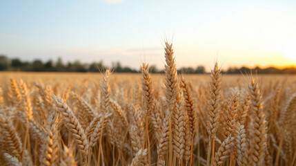 Fototapeta premium Golden wheat fields under a bright sunset showcasing nature's beauty and agricultural abundance in summer. Generative AI